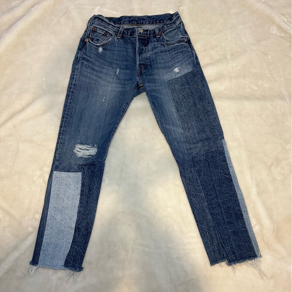 Levi's 501 Color-block Patchwork Ragged Lands Raw Hem Slim Straight Denim Jeans - Picture 2 of 16